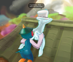 abdominal_bulge ambiguous_gender anal anal_penetration anthro anthrofied backsack balls beak bodily_fluids bowser's_castle_(super_mario_odyssey) butt butt_grab clothing detailed_background dialogue duo feathers genitals ghost_sex hand_on_butt hat headgear headwear lying male male/ambiguous mostly_nude on_front oral outside penetration perineum rimming sex snout_fuck spikes spread_butt spreading sweat text ultilix mario_bros nintendo super_mario_odyssey cappy_(mario) avian ghost pokio spirit english_text hi_res