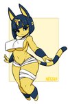 :< anthro blue_hair breast_curtains breasts eyeshadow female hair half-closed_eyes looking_at_viewer makeup markings narrowed_eyes navel nipple_outline short_hair simple_background solo striped_markings striped_tail stripes tail tail_markings under_boob white_background negsus animal_crossing nintendo ankha_(animal_crossing) felid feline mammal 2021 full-length_portrait hi_res portrait signature