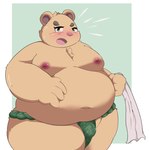 anthro asian_clothing belly big_belly blush bodily_fluids clothing east_asian_clothing fundoshi green_clothing green_fundoshi green_underwear japanese_clothing kemono male moobs nipples obese obese_male overweight overweight_anthro overweight_male solo sweat towel underwear kusosensei inigo_(kusosensei) bear mammal 2023 hi_res