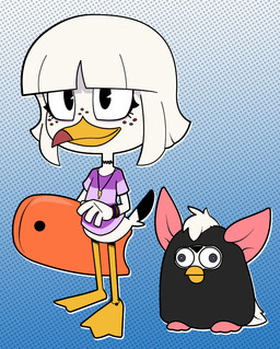 anthro beak bodyboard bracelet clothed clothing derp_eyes feet freckles hair jewelry membrane_(anatomy) necklace shirt short_hair smile standing tail toes topwear toy webbed_feet white_body young mopgoblin disney ducktales ducktales_(2017) arcadia_(mopgoblin) anatid anseriform avian bird duck furby_(species) 2026