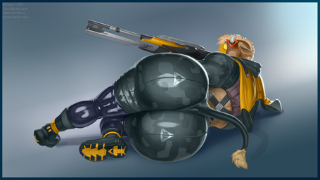 anthro big_butt bodysuit bottom_heavy butt butt_focus clothed clothing femboy fully_clothed gun horn huge_butt huge_hips latex latex_clothing latex_skinsuit lying male on_side ranged_weapon rear_view skinsuit solo tail tail_tuft text thick_thighs tight_clothing tuft weapon wide_hips borisalien mihoyo zenless_zone_zero trigger_(zenless_zone_zero) bovid bovine mammal 16:9 hi_res url widescreen