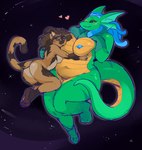 anthro blue_eyes blue_hair blue_nipples breasts brown_body brown_fur brown_hair duo female female/female fur green_body hair heart_symbol hug multicolored_body nipples non-mammal_breasts nude nude_anthro nude_female size_difference slightly_chubby slightly_chubby_anthro slightly_chubby_female space tail thick_thighs two_tone_body wide_hips yellow_body yellow_sclera zinnick mythology louness_(cosmic-library) tracy_gladstone domestic_cat dragon felid feline felis mammal mythological_creature mythological_scalie scalie 2025 hi_res