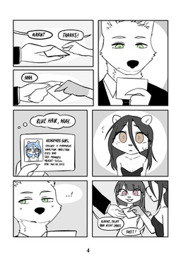 anthro blue_hair blush blush_lines bodily_fluids bouncer brown_eyes comic_panel dialogue female green_eyes group hair id_card male male/female pink_eyes red_eyes speech_bubble sweat sweatdrop text kyogummi cherry_the_rabbit hedgehog_girl_(kyogummi) wolf_(kyogummi) canid canine canis eulipotyphlan hedgehog lagomorph leporid mammal rabbit wolf absurd_res black_and_white comic english_text hi_res monochrome