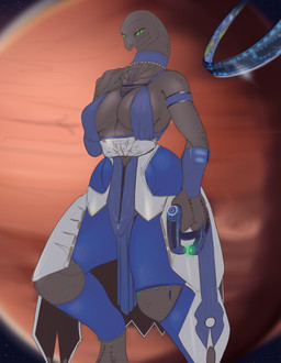 breasts clothed clothing female green_eyes gun halo_(device) hand_on_chest handgun holding_gun holding_object holding_ranged_weapon holding_weapon looking_at_viewer pistol plasma_gun ranged_weapon solo space weapon wide_hips derangedrake halo_(series) microsoft xbox_game_studios alien sangheili 2022 digital_media_(artwork) hi_res
