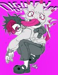 anthro clothing crouching duo eyewear footwear glasses hair long_tongue male multicolored_hair open_mouth tongue deftpetal bandai_namco crocs digimon digimon_beatbreak digimon_(species) human lizard mammal reptile scalie hi_res