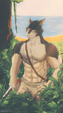 anthro beach black_nose bottomwear brown_body brown_eyes brown_fur clothing fur horizon humanoid_hands knife knife_sheath male orange_inner_ear pants plans plant sea solo tree water kowloon7050 hi_no_tori osamu_tezuka harima_inugami_(hi_no_tori) mammal 2025 9:16 dated hi_res signature