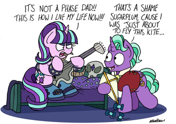 alternative_fashion bone clothing dialogue duo electric_guitar female goth guitar horn humor kite male musical_instrument plucked_string_instrument skull string_instrument text bobthedalek friendship_is_magic hasbro my_little_pony mythology firelight_(mlp) starlight_glimmer_(mlp) equid equine mammal mythological_creature mythological_equine unicorn 2018 english_text hi_res daughter_(lore) father_(lore) father_and_child_(lore) father_and_daughter_(lore) parent_(lore) parent_and_child_(lore) parent_and_daughter_(lore)
