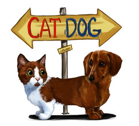 black_nose brown_body brown_eyes brown_fur claws conjoined feral fur green_eyes looking_back male nude paws pink_nose side_view sign simple_background solo text whiskers white_background white_body white_fur unknown_artist catdog_(series) nickelodeon canid canine canis dachshund domestic_cat domestic_dog felid feline felis hunting_dog hybrid mammal pushmi-pullyu detailed english_text source_request
