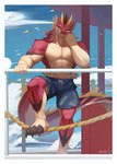 abs anthro biceps biped black_claws black_sclera blue_eyes claws clothing cloud fangs fingers foot_on_ropes fur hair hand_on_jaw holding_railing horn looking_at_viewer male markings multicolored_body outside pecs pink_body pink_fur pink_hair pink_tail sky smile smiling_at_viewer solo standing swimming_trunks swimwear tail teeth tuft two_tone_body two_tone_tail white_body white_fur white_tail yellow_horn ninety_xc mythology dragon mythological_creature mythological_scalie scalie hi_res