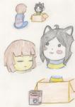 ambiguous_gender box cereal cereal_box clothing container food in_box in_container smile temmie_flakes geno28 genotheyaoidragon_(artist) if_it_fits_i_sits_(meme) undertale undertale_(series) frisk_(undertale) temmie_(undertale) canid canine felid human mammal tem absurd_res comic hi_res meme