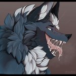 anthro black_body black_fur blue_body blue_fur bodily_fluids fur male pink_tongue saliva saliva_on_tongue solo teeth tongue tongue_out white_body white_fur korka canid canine canis mammal wolf hi_res