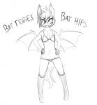 anthro bra clothing dialogue fangs female footwear legwear panties socks solo teeth text underwear replica_(artist) hasbro my_little_pony fan_character nolegs_(oc) bat_pony equid mammal english_text monochrome