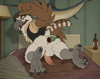 alcohol all_fours anal anal_penetration anthro anus avian_feet balls beak bed beverage bottle bottle_in_ass bottle_insertion bottomless bottomless_anthro bottomless_male butt clothed clothing container dialogue drunk feathers feet foreskin furniture genitals half-closed_eyes half-erect hat headgear headwear humanoid_genitalia humanoid_penis long_foreskin looking_at_viewer looking_back male male_penetrated narrowed_eyes object_in_ass on_bed penetration penis penis_backwards rear_view solo speech_bubble stretched_anus substance_intoxication tail tail_feathers talons text toes topwear unretracted_foreskin dracovar_valeford valeford accipitriform avian bird osprey absurd_res digital_media_(artwork) english_text hi_res story story_in_description