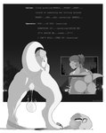 anthro anus biped blurred_background bodily_fluids border bottomless bottomwear breasts butt clothed clothing covering covering_face dripping_pussy duo duo_transformation egg egg_from_pussy electronics falling_object female front_view genital_fluids genitals growth hair hand_on_own_head headgear headphones headset human_to_anthro mid_transformation night non-mammal_breasts non-mammal_hair non-mammal_pussy outside oviposition phone_call ponytail pussy pussy_juice_string rear_view rubble snout snout_growth species_transformation spread_legs spreading standing tail tail_growth text topwear torn_bottomwear torn_clothing torn_topwear transformation vaginal_fluids white_border koopacap dinosaur prehistoric_species reptile scalie theropod tyrannosaurid tyrannosauroid tyrannosaurus tyrannosaurus_rex 2023 artist_name english_text hi_res monochrome