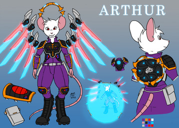 anthro armor backpack belt boots bottomwear clothing color_swatch footwear fur male pants red_eyes shirt shoes shoulder_pads simple_background solo topwear white_body white_fur kitfox-crimson in_our_shadow arthur_(mordak) fan_character mammal murid murine rat rodent hi_res model_sheet