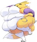 anthro bandai_namco belly belly_overhang belly_rolls big_belly big_breasts big_butt black_sclera breasts butt canid digimon digimon_(species) digital_media_(artwork) double_chin embarrassed fat_arms fat_legs fat_rolls female fur fuzzywooly hi_res huge_thighs hyper looking_at_viewer love_handles mammal morbidly_obese morbidly_obese_anthro morbidly_obese_female navel nude obese obese_anthro obese_female open_mouth overweight overweight_anthro overweight_female renamon simple_background solo thick_thighs white_body white_fur wide_hips yellow_body yellow_fur
