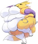 anthro belly belly_overhang belly_rolls big_belly big_breasts big_butt black_sclera breasts butt double_chin embarrassed fat_arms fat_legs fat_rolls female fur huge_thighs hyper looking_at_viewer love_handles morbidly_obese morbidly_obese_anthro morbidly_obese_female navel nude obese obese_anthro obese_female open_mouth overweight overweight_anthro overweight_female simple_background solo thick_thighs white_body white_fur wide_hips yellow_body yellow_fur fuzzywooly bandai_namco digimon canid digimon_(species) mammal renamon digital_media_(artwork) hi_res