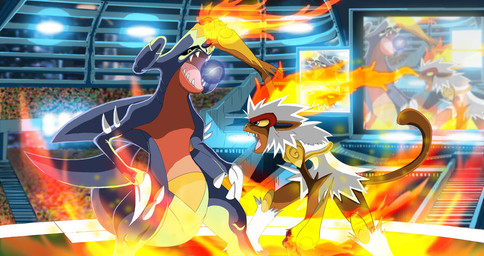 battle claws duo fight fire male open_mouth tail yellow_eyes unknown_artist nintendo pokemon garchomp generation_4_pokemon haplorhine infernape mammal monkey pokemon_(species) primate digital_media_(artwork)