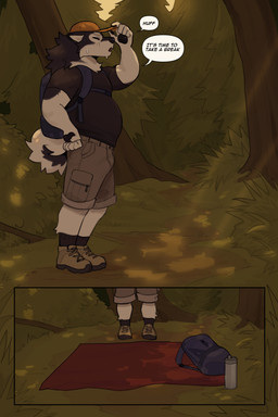 anthro forest male outside plant slightly_chubby solo trail tree plaguerat cooper_(plaguerat) alaskan_malamute canid canine canis domestic_dog mammal nordic_sled_dog spitz 2:3 absurd_res comic hi_res