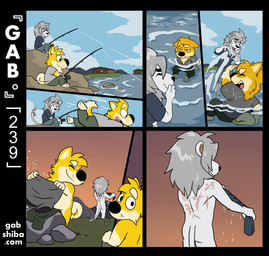 anthro back_scar butt clothed clothing curled_tail duo fishing fishing_rod fur giggle looking_at_another looking_back looking_back_at_another male male/male mane nude outside partially_submerged pulled_in rear_view scar seven_frame_image splashing_water sunset tail text undressing_self waterside white_body white_fur white_mane wringing yellow_body yellow_fur gabshiba gab_(comic) elion_(gabshiba) gab_shiba canid canine canis domestic_dog felid lion mammal pantherine shiba_inu spitz 2025 colored digital_drawing_(artwork) digital_media_(artwork) url