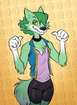 anthro bottomwear chest_tuft clothing dipstick_tail female fur gesture gloves_(marking) green_body green_fur green_hair hair hair_over_eye hand_gesture markings pointing pointing_at_self shorts solo spandex spandex_shorts tail tail_markings tight_bottomwear tight_clothing tight_shorts tuft silverscarf gamecade_(ncs) nance_(ncs) canid canine canis mammal wolf 2025