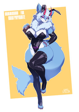 2_horns anthro armwear big_breasts black_armwear black_bridal_gauntlets black_clothing black_latex black_legwear black_leotard black_thigh_highs blue_body blue_fur blue_hair breasts bridal_gauntlets bunny_costume clipboard clothing colored_nails costume eyeshadow female fingernails fluffy fluffy_tail fur hair horn latex latex_armwear latex_bridal_gauntlets latex_clothing latex_legwear latex_leotard latex_thigh_highs legwear leotard long_hair looking_at_viewer makeup multicolored_body multicolored_fur nails pink_eyeshadow purple_eyes red_fingernails red_nails solo tail text thick_thighs thigh_highs two_tone_body two_tone_fur white_body white_fur wide_hips shu_stella mythology kresta_(kresta) canid canine dragon fox hybrid mammal mythological_creature mythological_scalie scalie 2026 absurd_res english_text hi_res