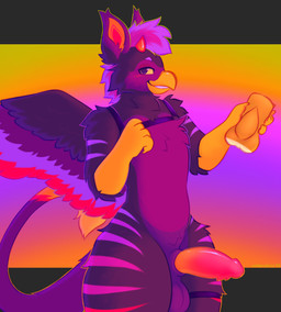 animal_genitalia anthro balls beak feathered_wings feathers fur genitals gradient_background harness male male_anthro orange_background penetrable_sex_toy penis purple_background purple_body purple_fur sex_toy sheath simple_background solo standing thick_thighs wide_hips wings yellow_background critterclinic mythology avian gryphon mythological_avian mythological_creature 2025 hi_res