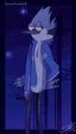 blue_body blue_fur bored clothed clothing fur grey_legs half-closed_eyes looking_away narrowed_eyes night power_pole sky skyscape solo white_body white_fur wire turbo_gumball cartoon_network regular_show mordecai_(regular_show) avian bird blue_jay corvid jay_(bird) new_world_jay oscine passerine 2022 artist_name signature