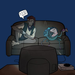 3_fingers 3_toes 6_eyes ambiguous_feral ambiguous_gender anthro arm_quills arm_tuft blep blue_eyes claws clothing controller duo elbow_tuft electronics feet feral finger_claws fingers furniture game_controller gaming_console grey_body hair kerchief male male_anthro multi_eye one_eye_closed red_eyes red_hair red_quills sitting sofa television tentacles text toe_claws toes tongue tongue_out topwear tuft vest milkart2072 halo_(series) microsoft xbox_game_studios flux_(shoryuken92) alien huragok kig-yar ruuhtian scalie 1:1 alpha_channel english_text hi_res
