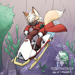 anthro clothed clothing eyewear fur gloves goggles hair handwear hovercraft kemono male mask red_clothing solo tan_body tan_fur white_body white_clothing white_fur white_gloves white_hair white_handwear tsuchinoko_(artist) pixiv_fantasia zekyll_(tsuchinoko) canid canine fox mammal 1:1 hi_res japanese_description