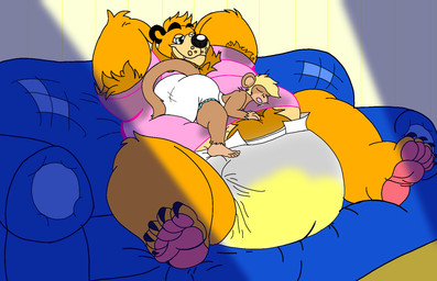 abdl armpit_hair big_diaper bodily_fluids body_hair cuddling diaper electronics feet furniture genital_fluids huge_diaper musk paws smelly sofa sweat television urine watersports wet mooneypup bear haplorhine mammal monkey primate
