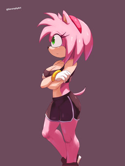 anthro athletic_wear bottomwear bra breasts clothed clothing crossed_arms female fur gloves green_eyes gym_bottomwear gym_shorts hair handwear pink_body shorts simple_background solo sports_bra standing tail topwear underwear soranygyart sega sonic_the_hedgehog_(series) amy_rose eulipotyphlan hedgehog mammal 3:4 digital_media_(artwork) hi_res