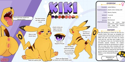 4_claws 4_toes anus blush body_blush brown_stripes butt claws cleft_tail closed_smile eyelashes feet female feral fur genitals humanoid_genitalia humanoid_vulva mouth_closed mouth_shot multiple_poses nipples open_mouth pawpads plump_labia pose presenting presenting_hindquarters purple_eyes raised_tail red_cheeks semi-anthro sitting smile solo stripes tail teats teeth text toe_claws toes tongue tongue_out vulva vulva_blush yellow_body yellow_fur angellsview3 conditional_dnp nintendo pokemon fan_character kikki_the_pikachu_(backlash91) generation_1_pokemon pikachu pokemon_(species) absurd_res english_text hi_res model_sheet