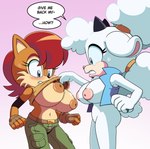 alternate_costume anthro areola big_breasts blush bodily_fluids breasts clothed clothing clothing_lift clothing_swap duo female fingerless_gloves gloves handwear inverted_nipples nipples pantsless_female puffy_areola shirt shirt_lift speech_bubble sweat sweatdrop topwear hyoumaru archie_comics idw_publishing sega sonic_the_hedgehog_(archie) sonic_the_hedgehog_(comics) sonic_the_hedgehog_(idw) sonic_the_hedgehog_(series) lanolin_the_sheep_(sonic) sally_acorn bovid caprine chipmunk ground_squirrel mammal rodent sciurid sheep absurd_res hi_res