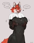 anthro bebebebebe biped breasts canid canine clothed clothing dialogue eyewear female fox fur glasses hi_res mammal open_mouth open_smile orange_body orange_fur smile solo speech_bubble
