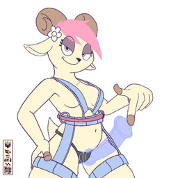 anthro bedroom_eyes breasts climbing_harness female hair horn looking_at_viewer narrowed_eyes pink_hair seductive simple_background solo strapon white_background conditional_dnp phlareox doki_adventures gabi_(doki_adventures) bovid caprine goat mammal 1:1 absurd_res hi_res unfinished