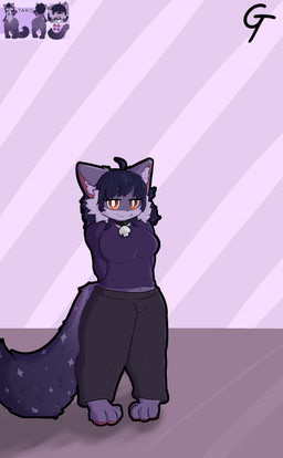 :3 anthro bell bell_collar clothing collar cosmic_hair ethereal_hair female fluffy fluffy_tail fur looking_at_viewer paws pink_background purple_body purple_clothing purple_fur red_eyes simple_background solo standing tail gabegt taro_(secretaro) 2026 absurd_res hi_res