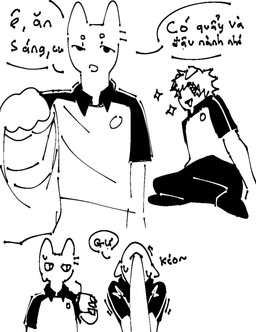 anthro clothed clothing crossed_legs duo food hair male milk open_mouth pastry plastic_bag pupils school_uniform smile sound_effects sparkles sparkling_eyes speech_bubble text uniform toastedeh toast_(toastedeh) canid canine canis domestic_cat domestic_dog felid feline felis mammal translation_check translation_request vietnamese_text