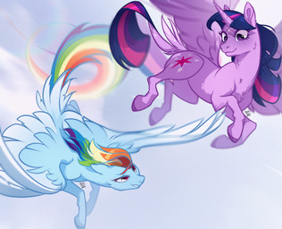 blue_body blue_fur cheek_tuft chest_tuft duo facial_tuft feathers female female/female flying fur hair hooves horn multicolored_hair purple_body purple_fur purple_hair rainbow rainbow_hair spread_wings tail tuft unicorn_horn wings kcheesh friendship_is_magic hasbro my_little_pony mythology rainbow_dash_(mlp) twilight_sparkle_(mlp) equid equine mammal mythological_creature mythological_equine pegasus winged_unicorn hi_res