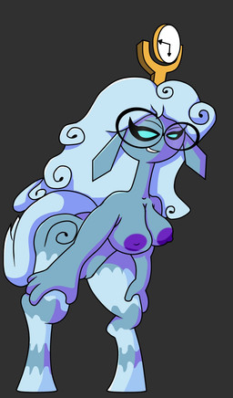 anthro bent_over blue_body blue_eyes blue_hair blue_skin breasts butt clock eyewear female genitals glasses grey_background hair hand_on_leg hooves long_ears long_hair long_neck looking_at_viewer nipples no_pupils nude purple_nipples simple_background smile smirk solo tail vulva shanilincoln lua_roxa christine_butterscotch bovid caprine mammal sheep hi_res
