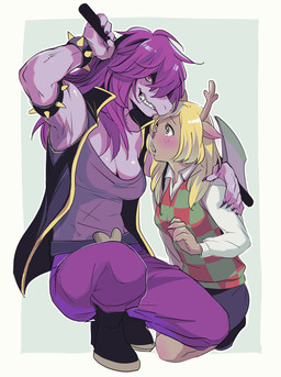anthro antlers armwear axe biped blush boots bottomwear breasts brown_body brown_fur cleavage clothed clothing duo female footwear freckled_face freckles fur holding_object holding_weapon horn jacket melee_weapon pants protective purple_body purple_skin sharp_teeth shirt shoes simple_background sweater sweater_vest teeth topwear vest weapon weapon_on_shoulder sakura_syoji deltarune undertale_(series) noelle_holiday susie_(deltarune) deer mammal new_world_deer reindeer scalie absurd_res hi_res