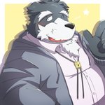 anthro black_nose blush clothing hoodie humanoid_hands kemono male one_eye_closed overweight overweight_anthro overweight_male shirt solo topwear wink emufu canid canine canis domestic_dog mammal 1:1 2017