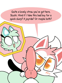 ambiguous_gender animal_genitalia animal_penis blush blush_lines bodily_fluids canine_genitalia canine_penis cheek_tuft countershade_fur countershading crossgender cutaway dialogue duo erection eyelashes facial_tuft first_person_view flirting fluffy fluffy_tail ftg_crossgender fti_crossgender fur fur_markings genitals gloves_(marking) green_body green_eyes green_fur gynomorph hand_on_leg hand_on_thigh head_tuft imminent_oral imminent_sex intersex knot knotted_penis light_body light_fur markings multicolored_body multicolored_fur offering_sex open_mouth paws penis pie_cut_eyes pink_body pink_fur pink_penis pupils scaroused simple_background small_pupils speech_bubble spread_legs spreading sweat sweatdrop tail teasing text tuft two_tone_body two_tone_fur white_background wide_eyed yellow_eyes km-15 chikn_nuggit milkshek_(chikn_nuggit) slushi_(chikn_nuggit) canid canine fox mammal 3:4 english_text hi_res female_(lore)