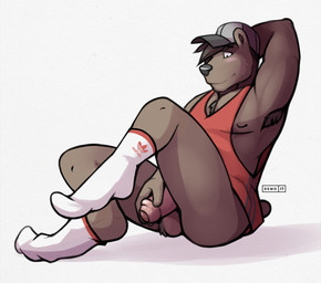 anthro armpit_tuft athletic athletic_male ball_tuft balls baseball_cap black_nose brown_hair cheek_tuft chest_tuft clothing facial_tuft footwear foreskin foreskin_play genitals glans hair half-erect hand_behind_head hat headgear headwear holding_penis looking_down looking_down_at_genitalia looking_down_at_penis male nipples pecs penis raised_leg removing_socks short_hair simple_background sitting sleeveless_shirt slight_smile socks solo text tuft unretracted_foreskin white_background d3mo bear mammal 2017 artist_name dated shaded soft_shading