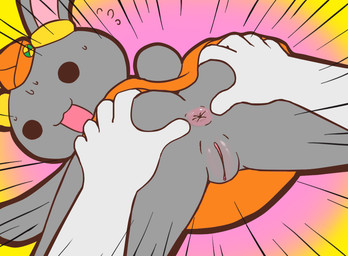 ambiguous_gender anthro anus bodily_fluids bottomwear butt butt_grab chibi clothed clothing duo female fur genitals grey_body grey_fur hand_on_butt hat headgear headwear looking_back male male_human motion_lines no_underwear open_mouth rear_view skirt spread_anus spreading surprised sweat vulva zoom_lines unknown_artist sweet_valerian dopamine_(sweet_valerian) human lagomorph leporid mammal rabbit