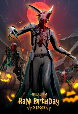 4_legs anthro belt birthday bone bottomwear buckteeth clothing colored_nails denim denim_bottomwear denim_clothing female food fruit full_moon glowing glowing_eyes group horror_(theme) jack-o'-lantern jeans long_nails looking_at_viewer machine male medical_instrument moon nails navel necktie night open_mouth outside pants plant pumpkin pupils red_eyes red_moon red_nails red_necktie scientific_instrument skeletal skull skull_head slit_pupils spiky_fur stethoscope teeth text tongue tongue_out trio ai_assisted ai_generated_background deino_(artist) deino_(modeler) bani-sama_(deino) calne_ca rubidium_(deino) ambient_arthropod ambient_butterfly ambient_insect arachnid arthropod humanoid lagomorph leporid mammal rabbit robot robot_humanoid whip_spider 2023 3d_(artwork) autodesk_3ds_max_(artwork) dated digital_media_(artwork) english_text hi_res warm_colors