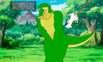 anthro biped blush briefs clothed clothing clothing_theft covering covering_crotch covering_self dialogue dialogue_box embarrassed embarrassing_nudity exhibitionism fish_hook forest forest_background hook humiliation male male_anthro muscular muscular_anthro muscular_male nature nature_background no_underwear nude nude_male plant public public_nudity solo speech_bubble standing stealing streaking text tree underwear meteorsmash sega sonic_the_hedgehog_(series) vector_the_crocodile crocodile crocodilian reptile scalie 2026 absurd_res english_text hi_res