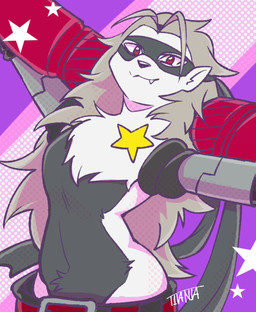abstract_background anthro belt bottomwear chest_tuft clothed clothing cybernetics featureless_chest female flat_chested fur grey_body grey_fur grey_hair hair hands_behind_head looking_at_viewer machine mask mechanical_arm pants red_eyes smile solo standing topless tuft wearing_mask titania_(artist) bandai_namco digimon digimon_beatbreak cyborg digimon_(species) wolvermon hi_res