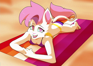 anthro bikini clothing female fur hair lesbian_pride_colors lgbt_pride looking_at_viewer open_mouth pink_eyes pink_hair pride_colors purple_bikini purple_clothing purple_swimwear smile solo swimwear tail towel two-piece_swimsuit white_body white_fur mewmus kandi_(mewmus) felid feline mammal rodent 2026 digital_media_(artwork) nonbinary_(lore)