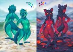 anthro beach duo female female/female lava navel_pouch sea volcano water lostgoose american_opossum kangaroo macropod mammal marsupial 2022 hi_res model_sheet